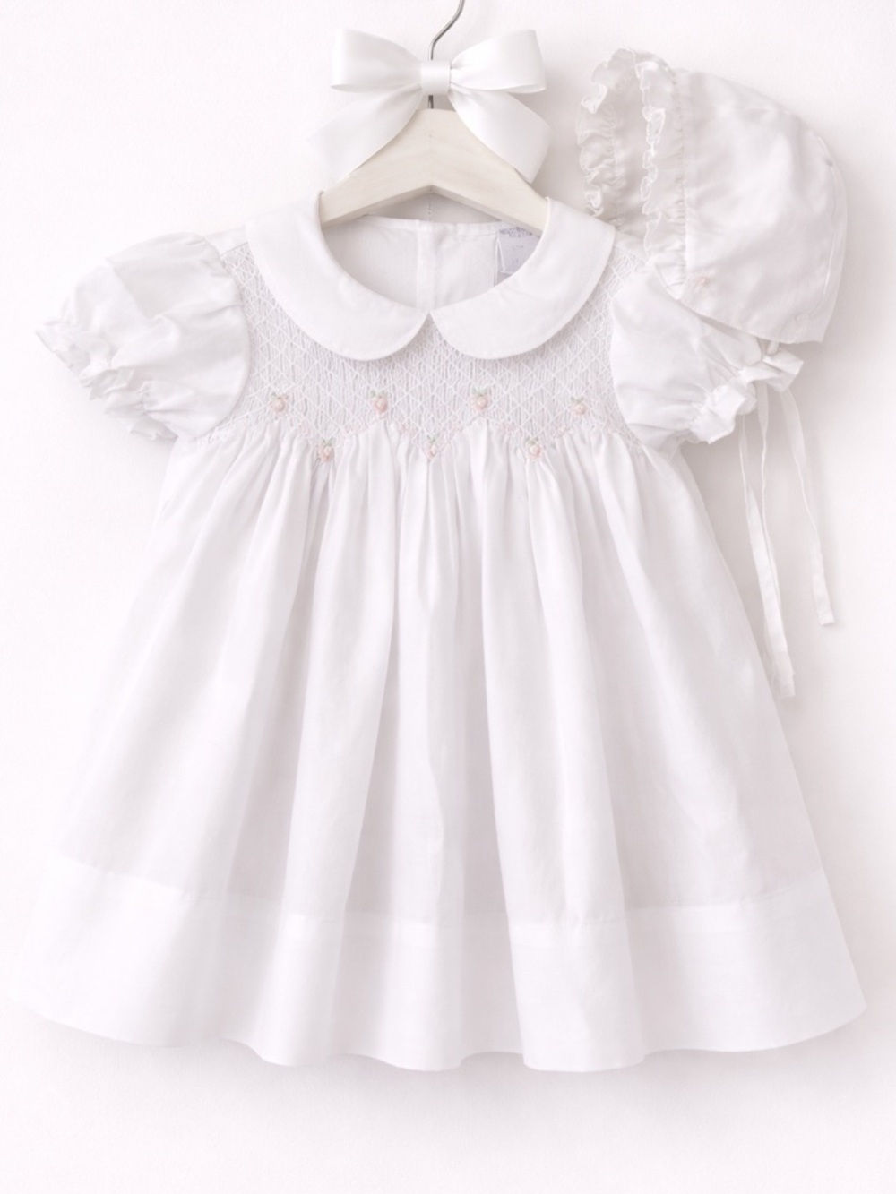 SPECIAL Vintage White Floral Smocked Baby Dress with Bonnet Baby Girl 9 Months